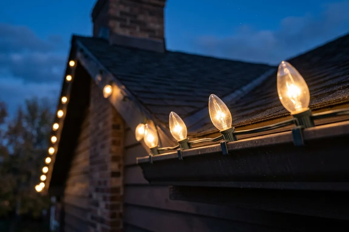 Warm white C9 LED bulbs clipped along a gutter line at dusk