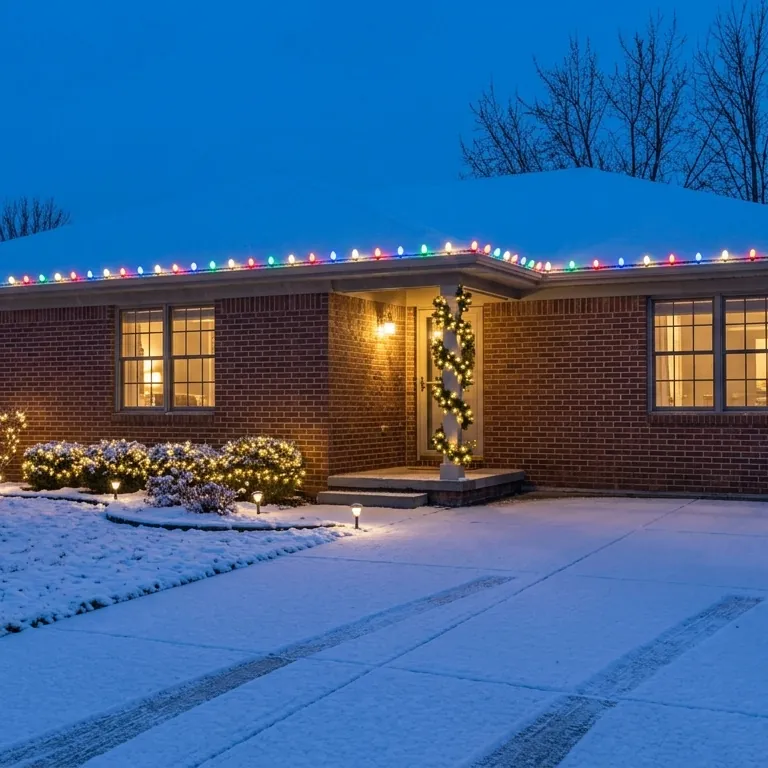 Brick ranch with multicolor C9 lights along the roofline in fresh snow